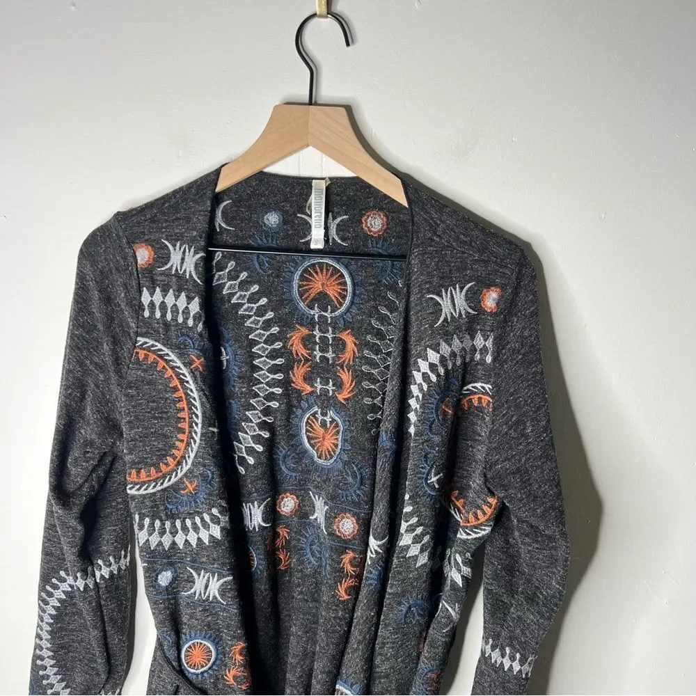 Monoreno Dark Gray Celestial Embroidered Cardigan Long Line Tie Waist Small